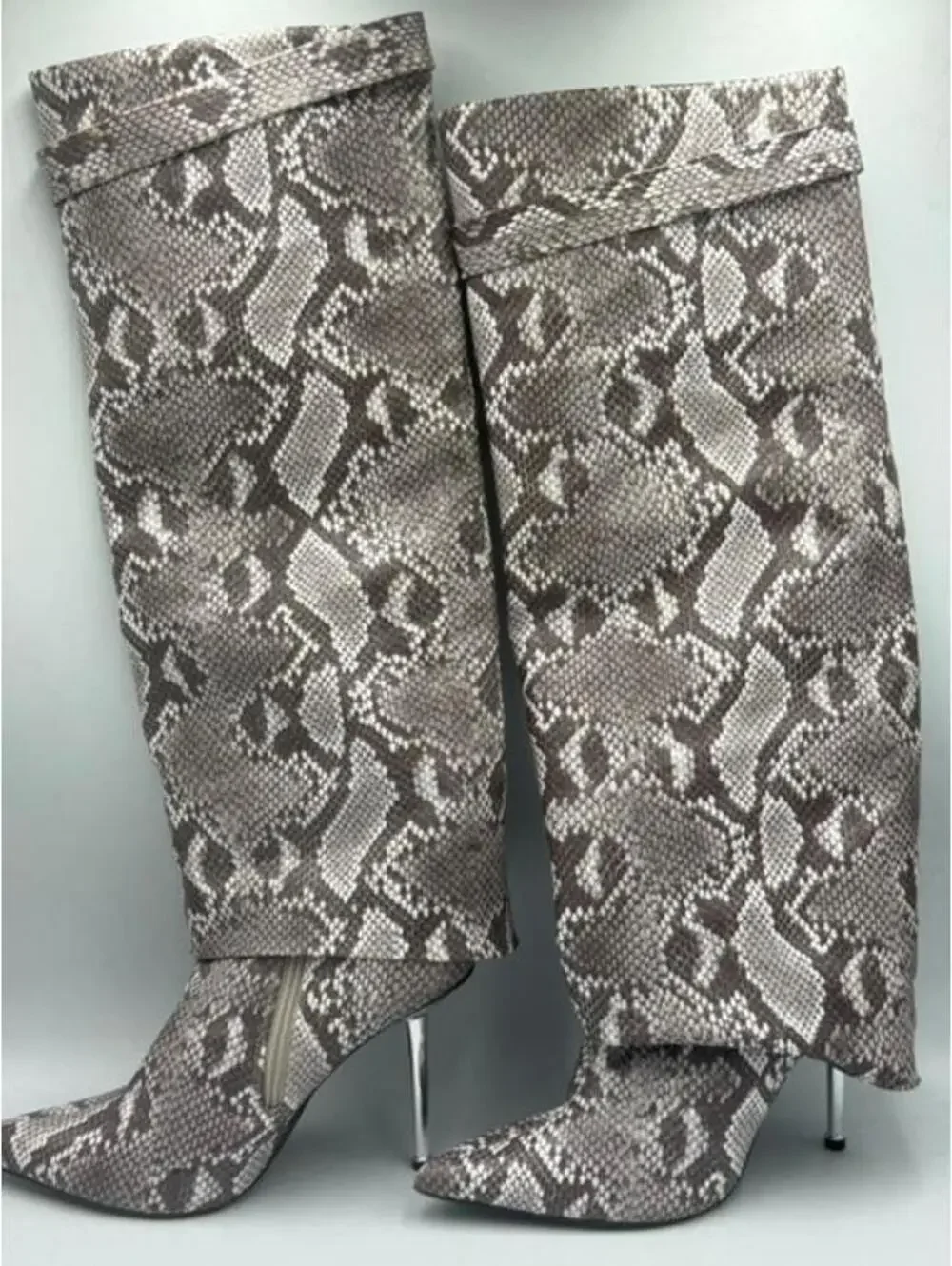 Liliana Snakeskin Fold-Over Knee High Stiletto Boots SZ: 7.5
